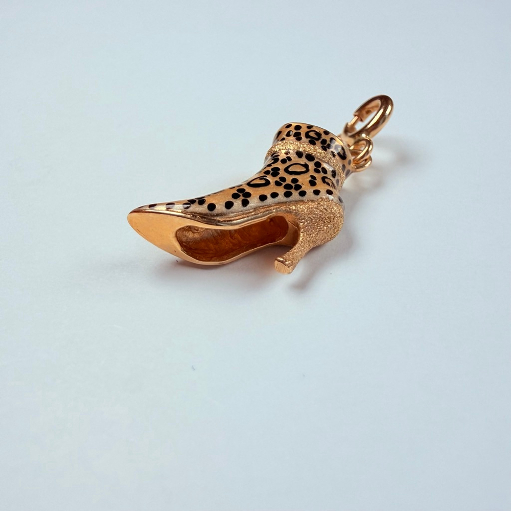 14K Solid Yellow Gold Stuller Enamel Leopard High Heel Shoe VTG Charm Pendant - Picture 4 of 9